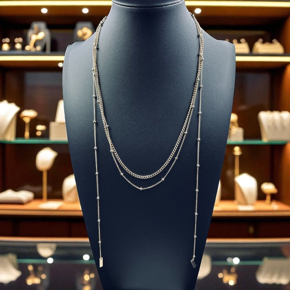 Ettika Layered Gold Tone Beaded Chain Necklace Adjustable Minimalist Boho Chic